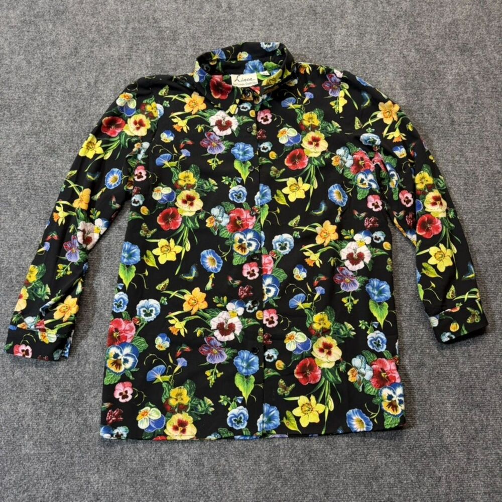 Linea Louis Dell’Olio Women L Black Floral Button Front Tunic Blouse Garden